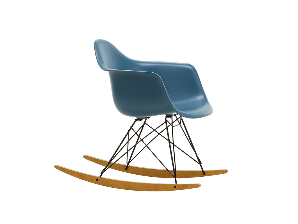 Eames RAR Plastic Armchair in Sea Blue with Basic Dark Base and Golden Maple Rockers by Vitra