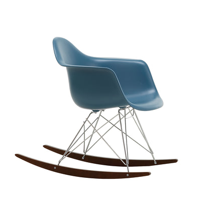 Eames RAR Plastic Armchair in Sea Blue with Chrome Base and Dark Maple Rockers by Vitra