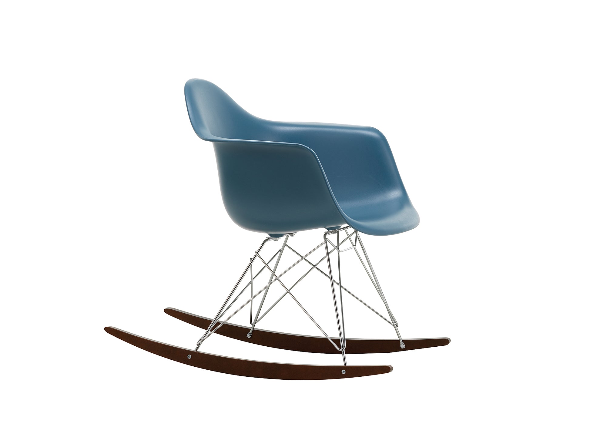 Eames RAR Plastic Armchair in Sea Blue with Chrome Base and Dark Maple Rockers by Vitra