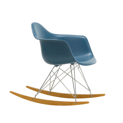 Eames RAR Plastic Armchair in Sea Blue with Chrome Base and Golden Maple Rockers by Vitra