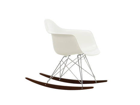 Eames RAR Plastic Armchair in White with Chrome Base and Dark Maple Rockers by Vitra