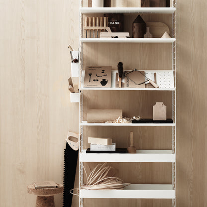 String White Metal shelf arrangement with Ash fold-out desk.