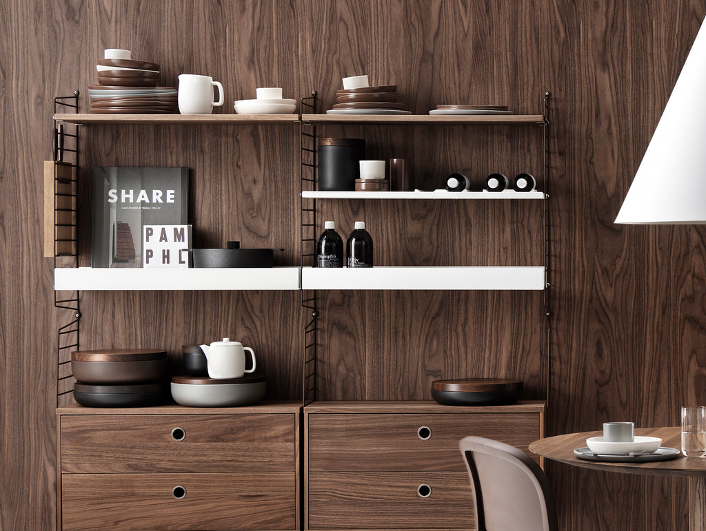 String Metal Shelves and Walnut Drawers